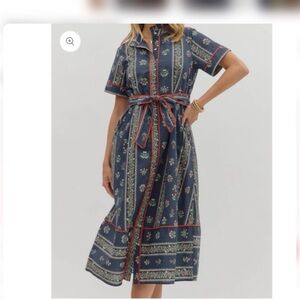 Anthropologie Entro Blue Floral Belted Midi Shirt Dress Size Large